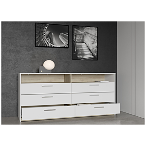 DOUBLE COMMODE WATSON 6 Tiroirs et 2 Niches - Blanc / Chêne