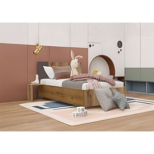Lit SOLO 90x190 + Table De Chevet Gauche + Planche Sommier - Chêne / Gris Foncé
