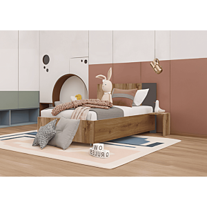 Lit SOLO 90x190 + Table De Chevet Droite + Planche Sommier - Chêne / Gris Foncé