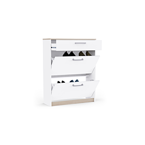 Meuble à chaussures WATSON Avec 2 abattants et 1 tiroir – Blanc / Chêne