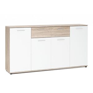 Commode JACKY 4 portes et 2 tiroirs Chêne Marron Clair et Blanc