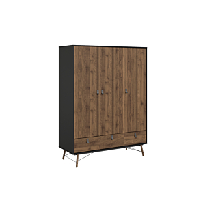 Armoire NAIARY Avec 3 Portes + 3 Tiroirs - Noir Mat / Noyer