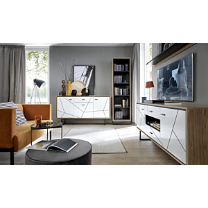 Meuble TV BROLO - Blanc Brillant et Marron