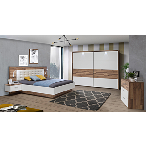 Pack lit MODERN WAY (160x200cm): Lit sans sommier + 2 Tables de chevet + éclairage - Chêne Blanc