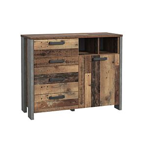Commode CLIF Avec 1 Porte + 4 Tiroirs + 2 Niches - Gris / Chêne Vintage