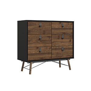 Commode NAIARY Avec 6 Tiroirs - Noir Mat / Noyer