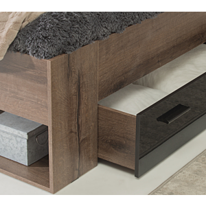 LIT JAWA 160x200cm Sans Sommier + 1 Tiroir + 2 Niches Chêne / Marron Foncé