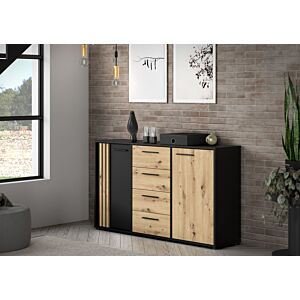 COMMODE CARDIGAN 2 Portes et 4 Tiroirs - Noir / Chêne