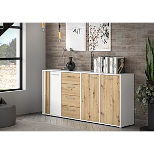 MEUBLE MULTIFONCTIONS CARDIGAN 3 Portes Et 4 Tiroirs - Blanc / Chêne