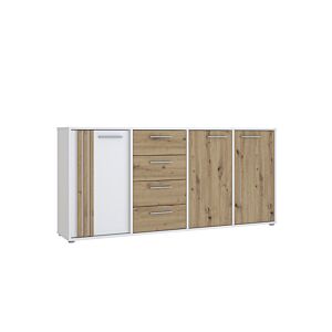 MEUBLE MULTIFONCTIONS CARDIGAN 3 Portes Et 4 Tiroirs - Blanc / Chêne