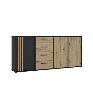 MEUBLE MULTIFONCTIONS CARDIGAN 3 Portes Et 4 Tiroirs - Noir / Chêne