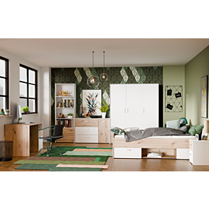 LIT CULGOA SANS SOMMIER 90x200cm + 2TIROIRS 1NICHE – Chêne / Blanc