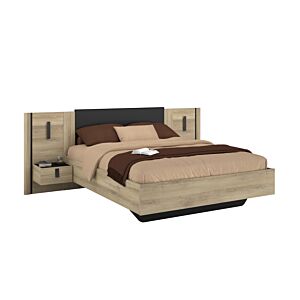 SET LIT KIERAN Avec SOMMIER + 2 CHEVETS - CHÊNE/NOIR Lits adulte