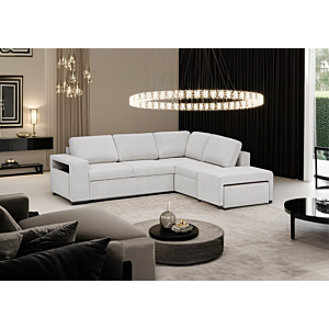 Canapé D'angle NEW NALIA Avec Fontion Lit + Coffre + Pouf - Blanc Cassé