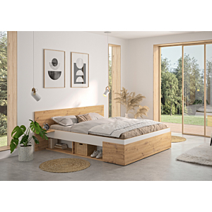 Pack Lit ANIS 140x190 Sommier + Matelas + 2 Tablettes Suspendues - Chêne / Blanc