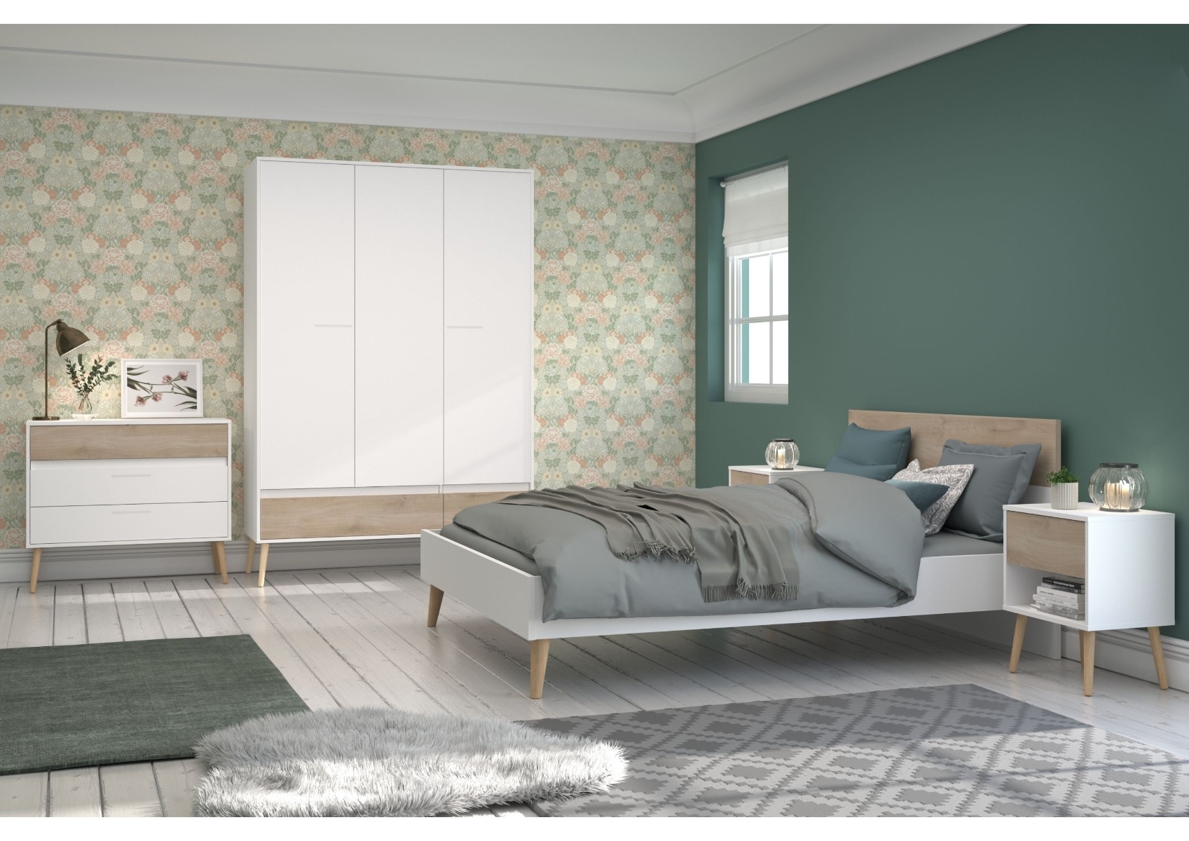 Pack Lit AALBORG 140x190cm Avec Sommier + 2 Chevets - Blanc / Chêne Chambre double-hiver