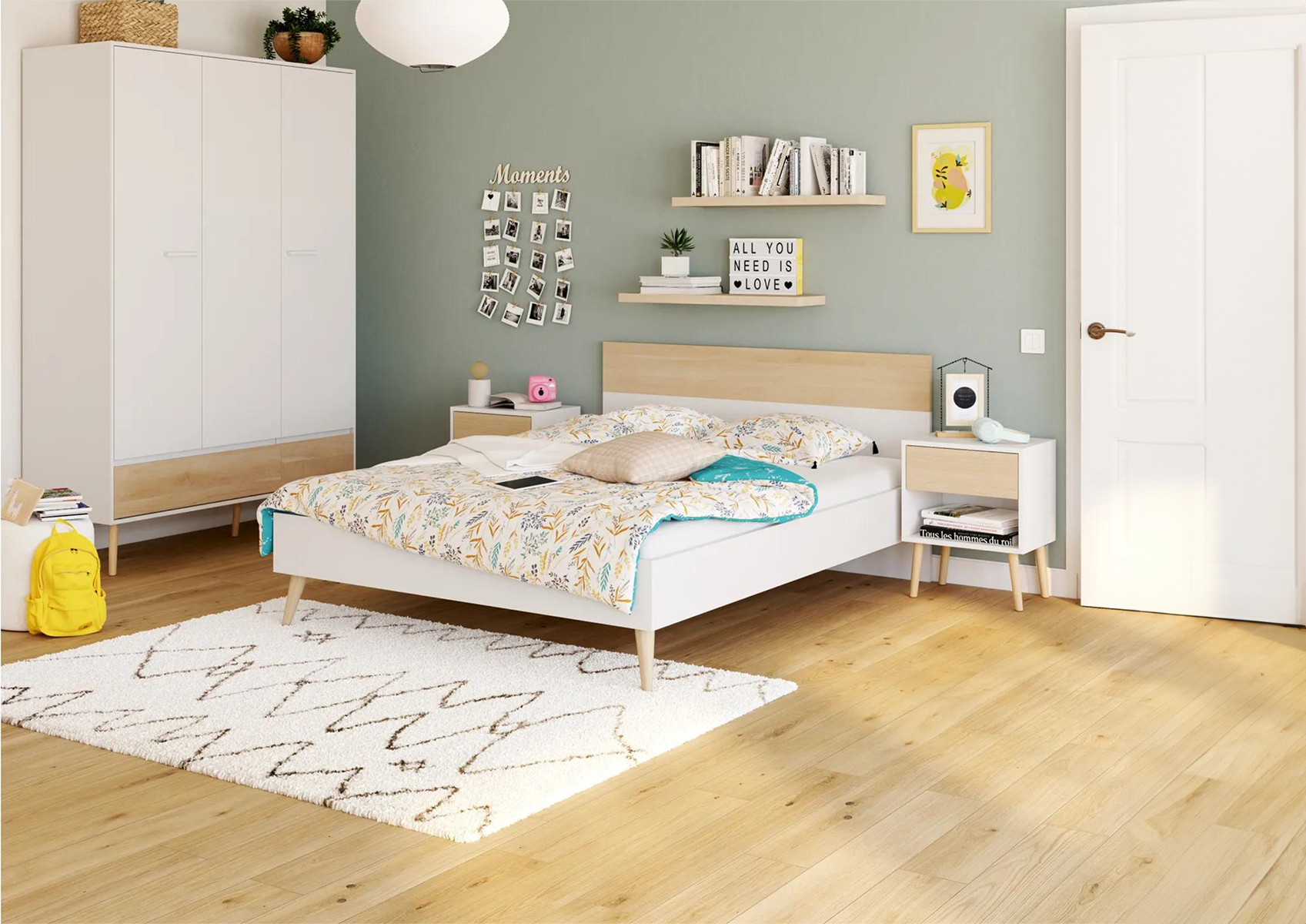 Pack Lit AALBORG 140x190cm Avec Sommier + 2 Chevets - Blanc / Chêne Chambre double-hiver