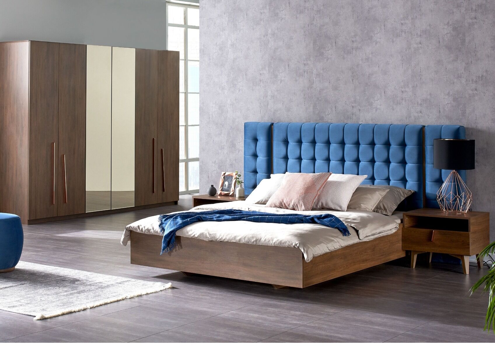 Lit 140x190 cm avec 2 tiroirs et tête de lit avec rangements LODGE  imitation chêne et noir - Lit BUT