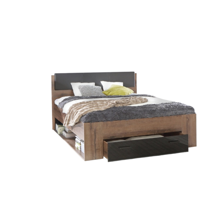 Lit Jawa 160X200Cm Sans Sommier + 1 Tiroir + 2 Niches Chêne / Marron Foncé Essentiel HIVER