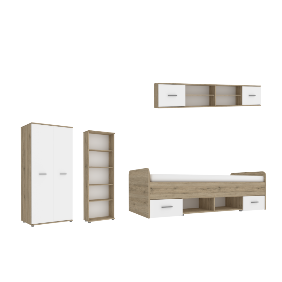 Pack SETY : Lit 90x200cm Avec Meuble Mural Et Bibliothèque Et Armoire - Blanc / Chêne Chambre enfant