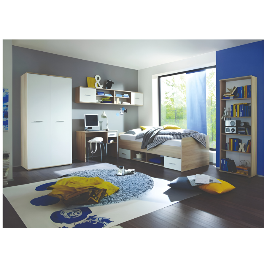 Pack SETY : Lit 90x200cm Avec Meuble Mural Et Bibliothèque Et Armoire - Blanc / Chêne Chambre enfant