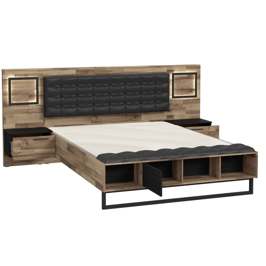 Lit SIRIUS CROWN 160x200cm Sans sommier Avec Led - Chêne / Noir Soldes été