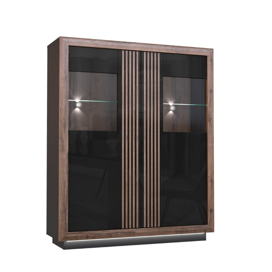 Grande Vitrine SAVONA - Chêne / Noir Brillant Soldes été