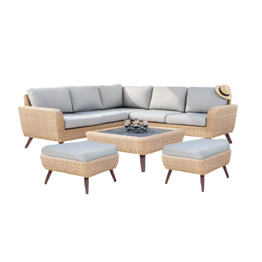 Coin Royal RIVIERA Avec Table + 2 Poufs - Gris / Miel Soldes été vague 2