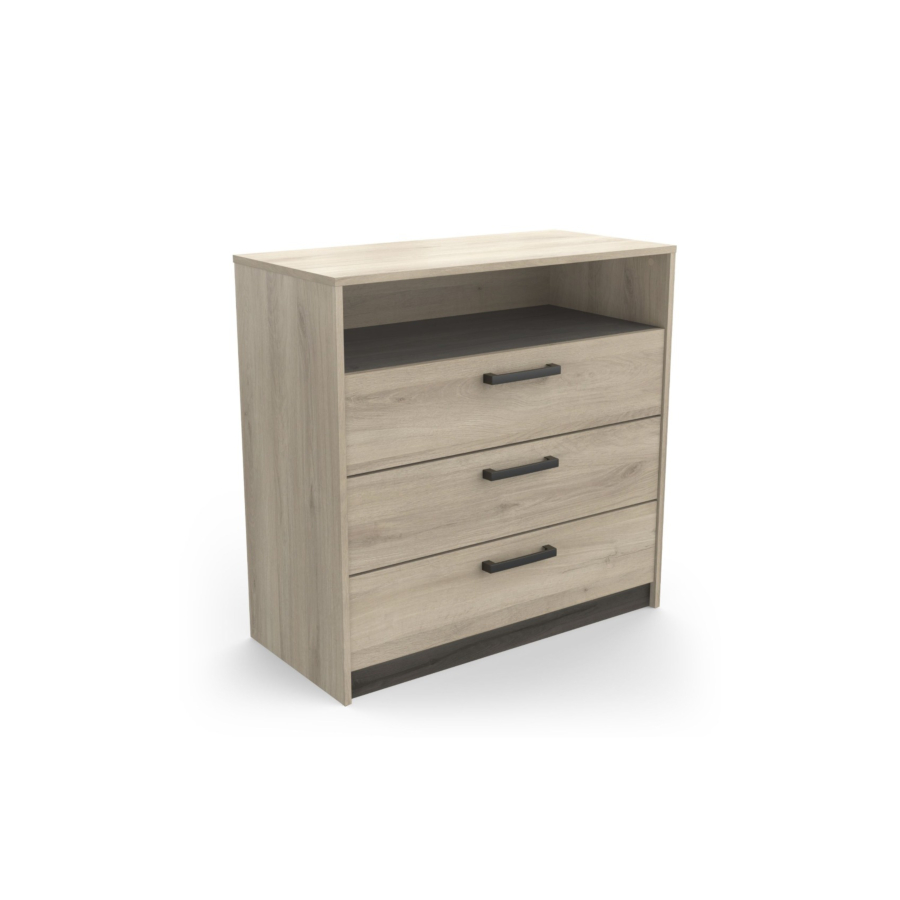 Commode WATSON 3 Tiroirs Avec Une Niche - Chêne / Noir CHAMBRE DOUBLE