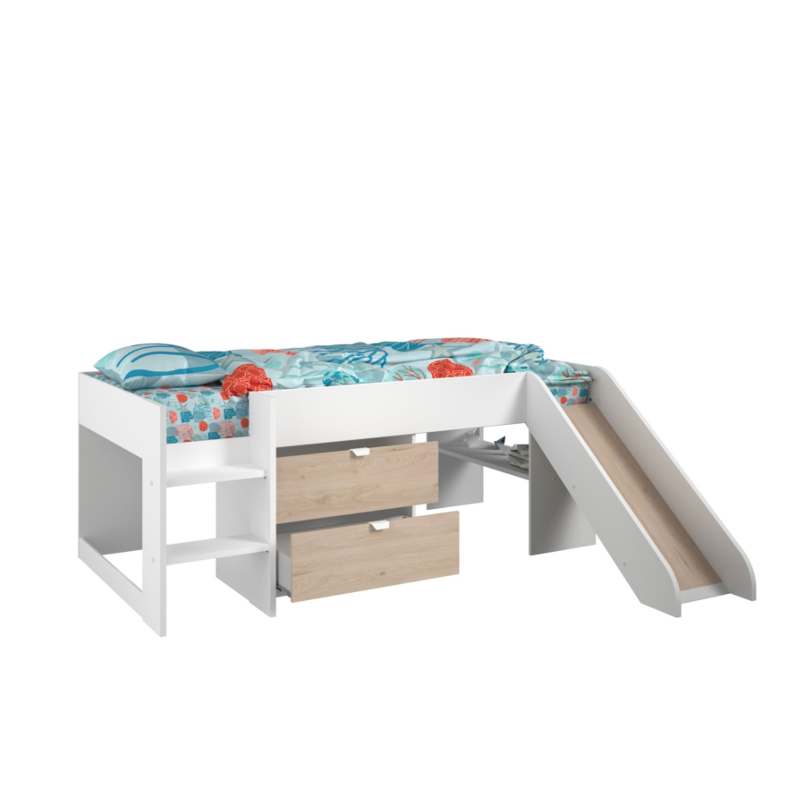 Lit Toboggan TOBO Avec Planche Sommier + 2 Tiroirs + Niches - Chêne / Blanc Promos printemps