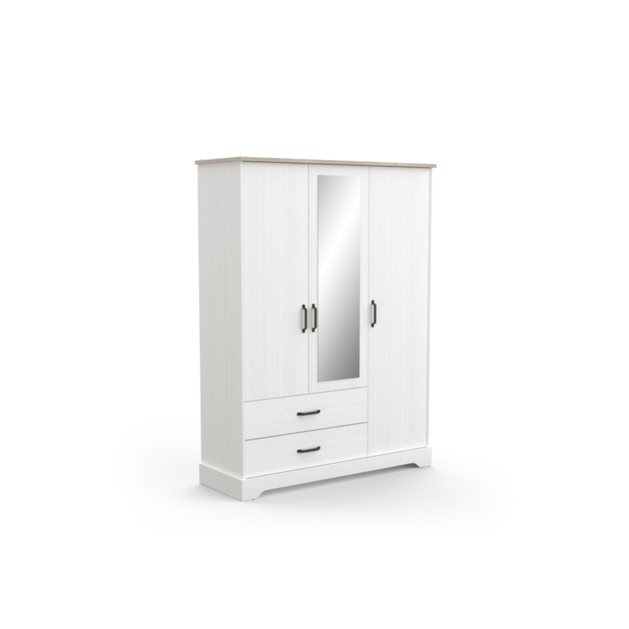 Armoire COTTAGE 3 Portes + 2 Tiroir et Miroir - Blanc Rangements Ramadan