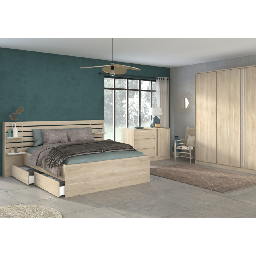Set Lit ESCALE Avec Sommier + 2 Tablettes Amovibles - Chêne Soldes été vague 2