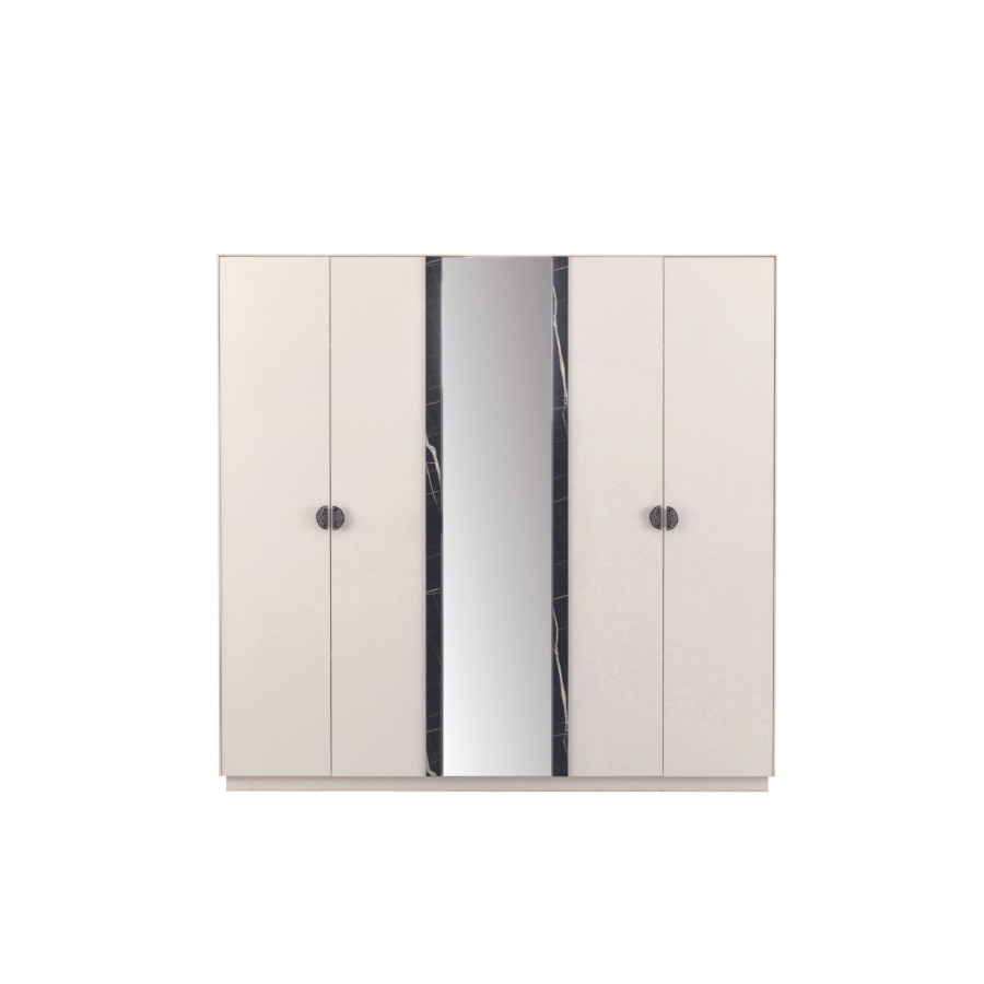 Armoire NIA Avec 5 Portes + Miroir - Blanc / Noir / Marbre Vente Flash