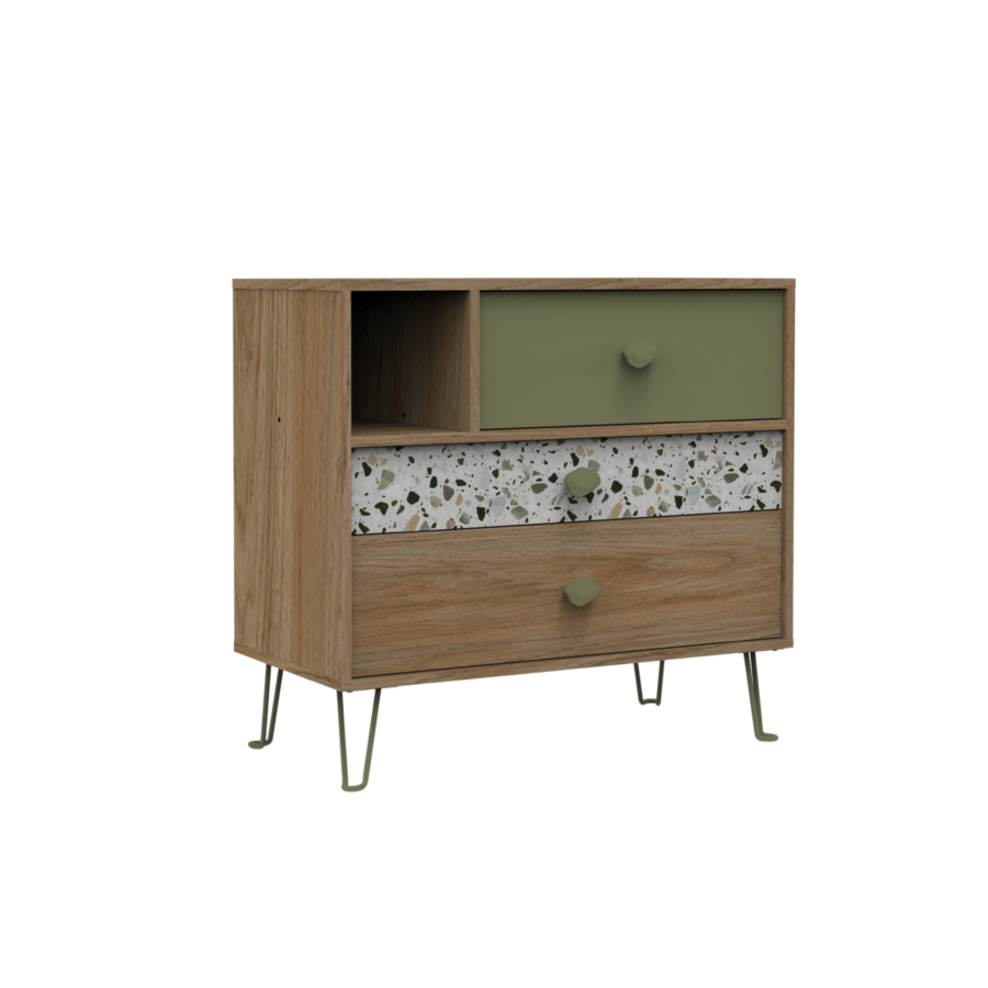 Commode GRETA 3 Tiroirs + 1 Niche - Blanc / Chêne / Vert CHAMBRE ENFANT