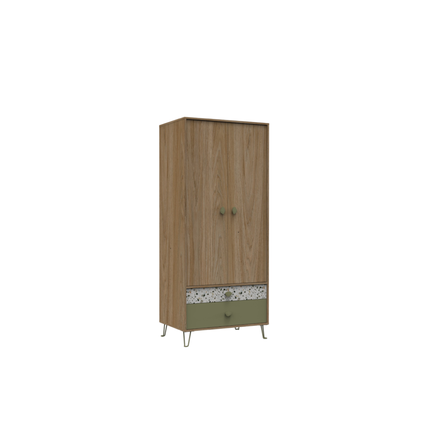 Armoire GRETA 2 Portes+ 2 Tiroirs - Blanc / Chêne / Vert CHAMBRE ENFANT