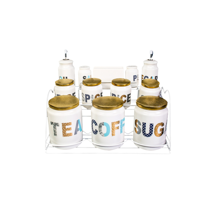 SET DE 7 POTS À EPICES + HUILE-VINAIGRE + SUPPORT EN METAL - Multicouleur Soldes été