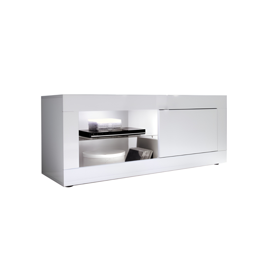Meuble Tv Basic 1 Porte 140Cm - Blanc Laqué Brillant Séjour