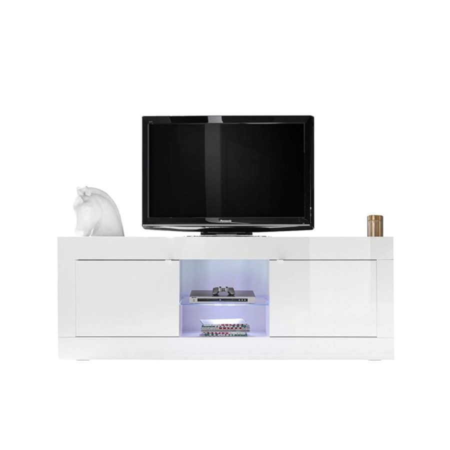 Meuble Tv BASIC 2 Portes 180cm - Blanc Laqué Brillant Promos printemps