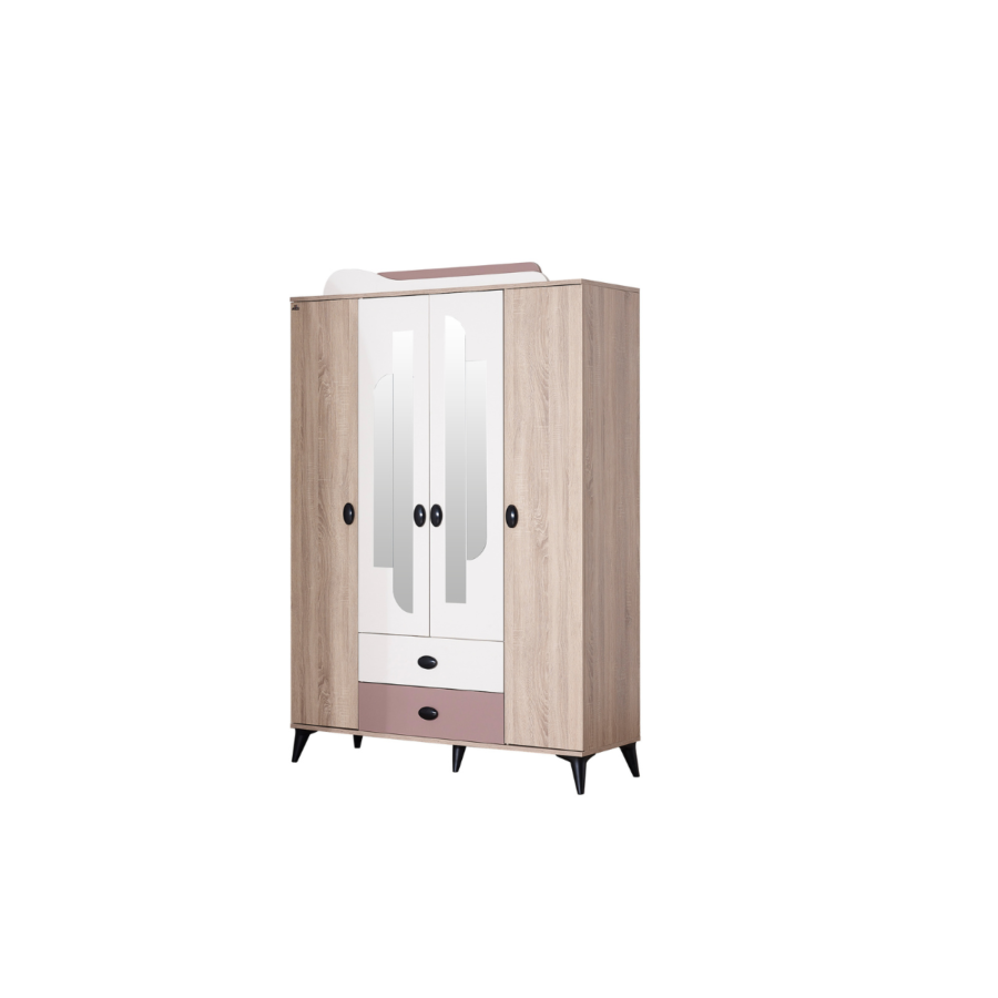 Armoire MADO Avec 4 Portes et 2 Miroirs - Chêne / Blanc Chambre enfant