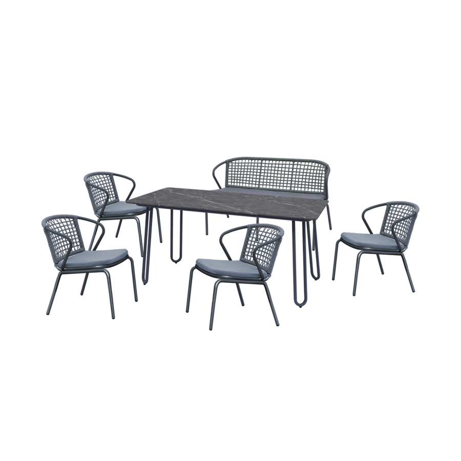 SET TABLE À MANGER ALICIA + 4 CHAISES Et BANC - Gris foncé Meuble extérieur