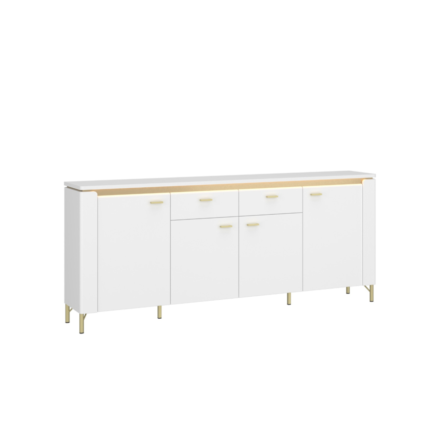 Buffet LAZIO 4 Portes + 2 Tiroirs - Blanc / Doré Séjour
