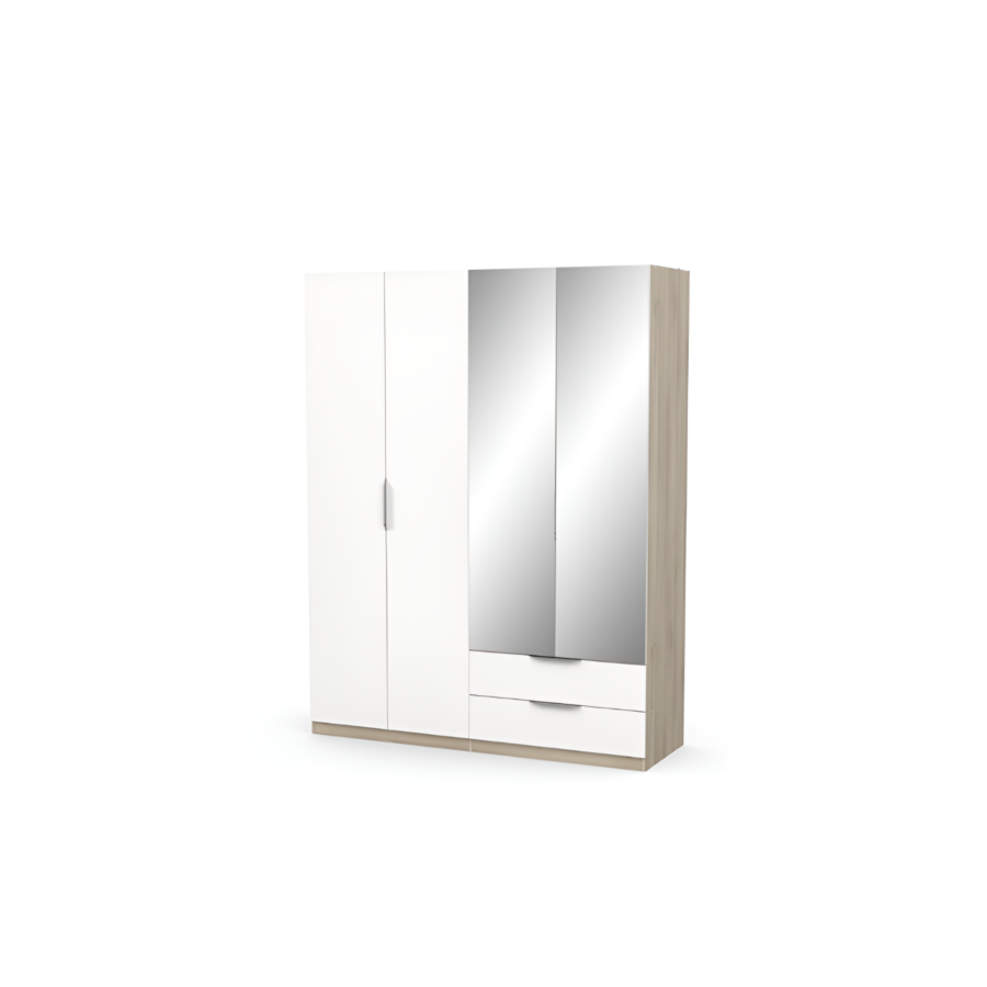 ARMOIRE GHOST 4 PORTES Et 2 MIROIRS - Blanc / Chêne Foncé Soldes rangements