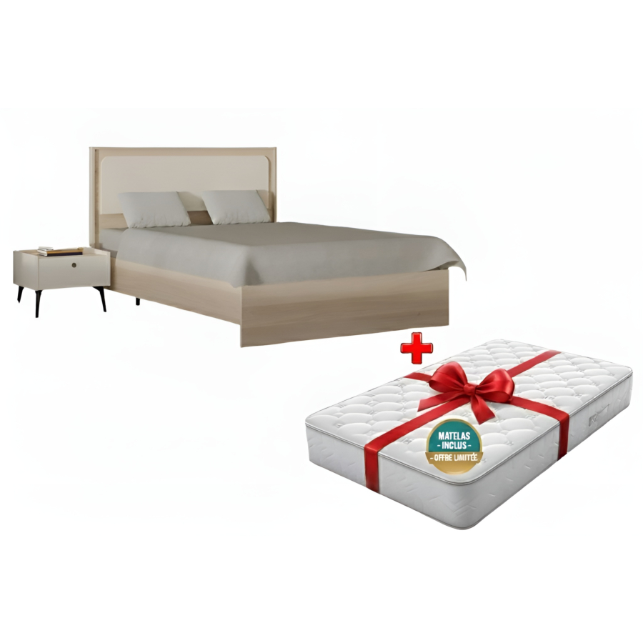 Pack Lit Maya 160X200Cm + 2 Chevets + Sommier + Matelas Offert - Blanc / Chêne Essentiel HIVER