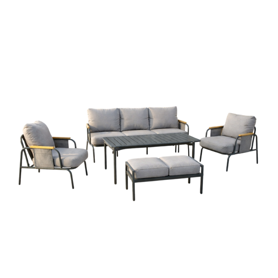 Salon Malindi Canapé 3 Places + 2 Fauteuils + Table Haute + Banc - Gris Salons bas avec Table Haute