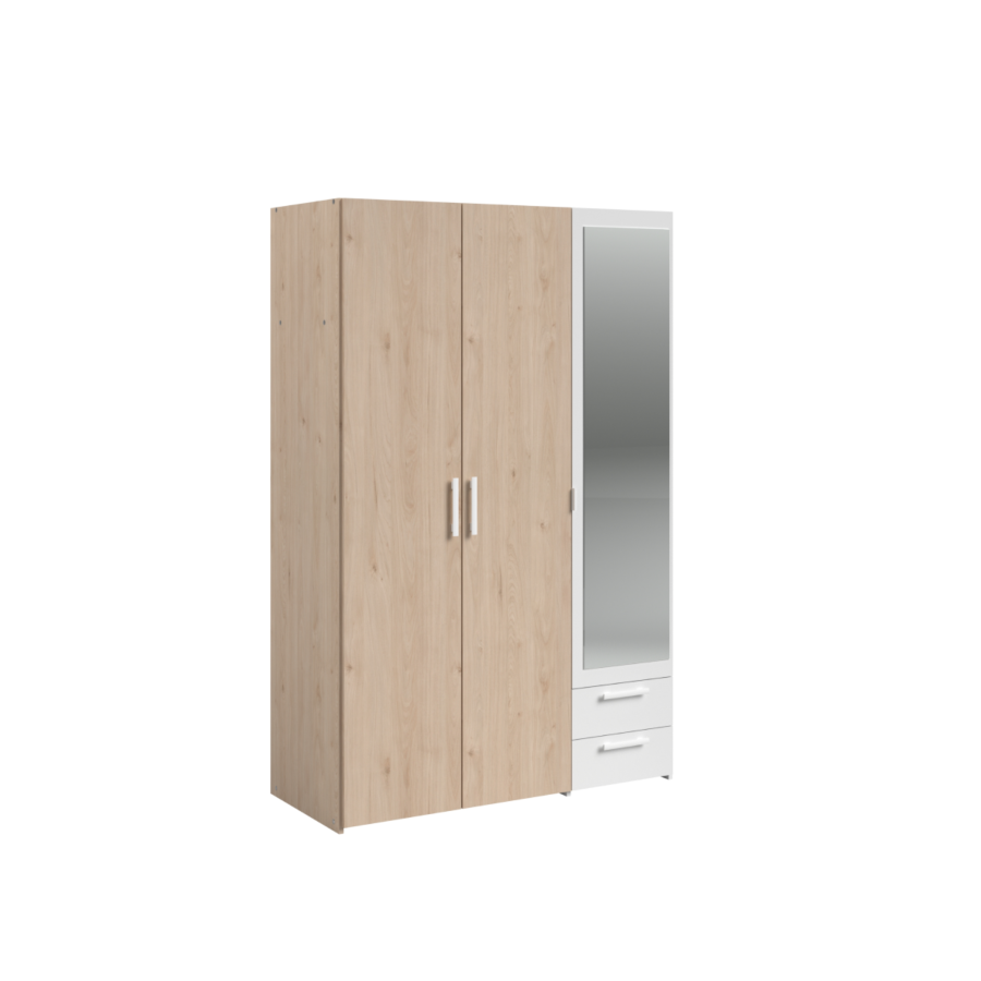 Armoire Hazel 3 Portes + 2 Tiroirs + Miroir - Chêne / Blanc Les Petits Prix