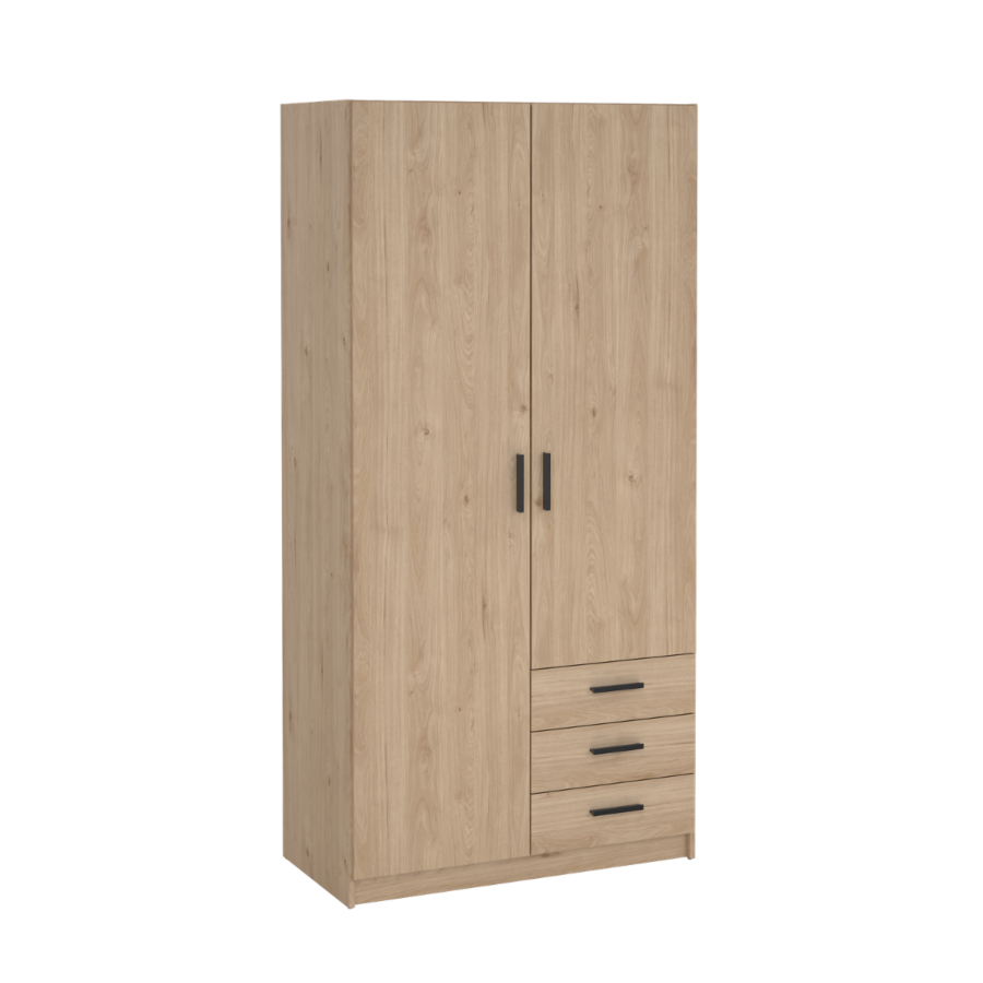 Armoire 2 Portes et 3 Tiroirs Sprint – 98,5×49,8×200,4cm – Chêne Armoire chambre adulte