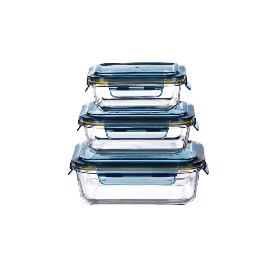3 boîtes rectangulaires en verre hermétiques avec couvercle - 0,37l et 0,64l et 1l Rangement cuisine