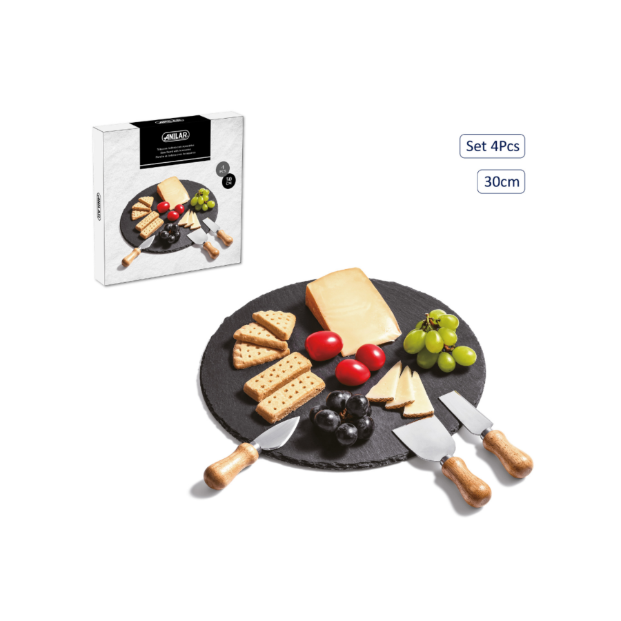 Planche ronde en ardoise - 30cm avec 3 accessoires Art de table