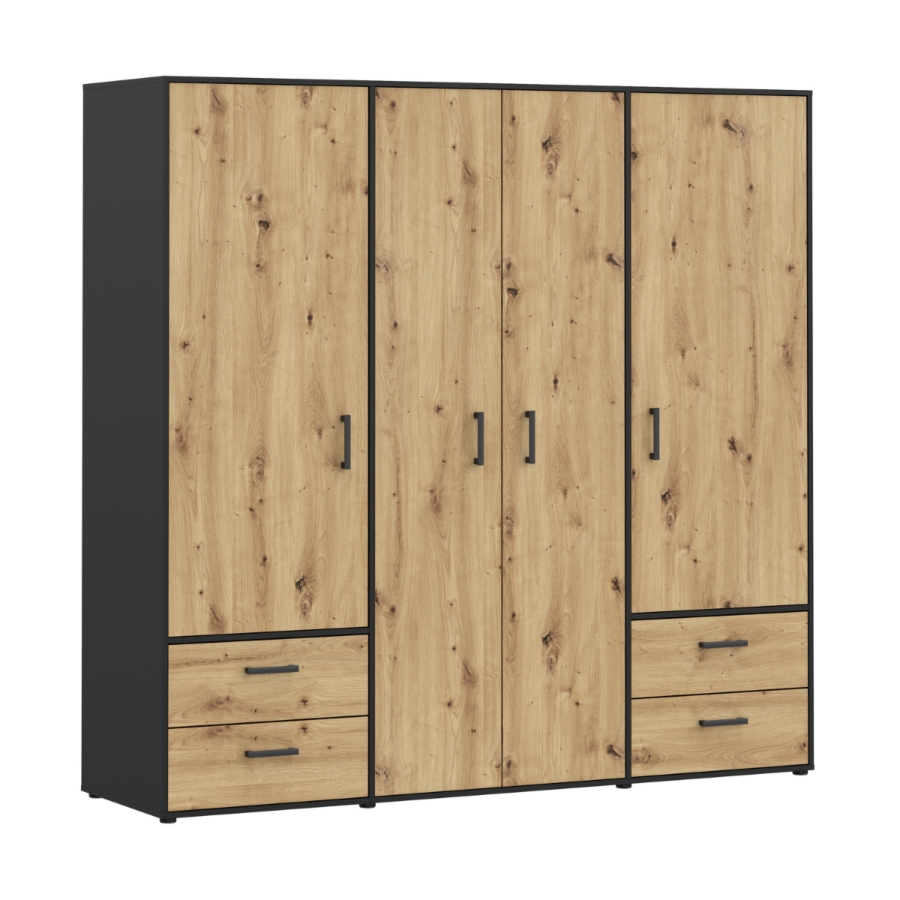 Armoire Monissa 200,1x59x205,9 cm - 4 Portes + 4 Tiroirs - Chêne Artisan / Noir Armoire chambre adulte