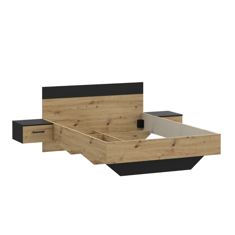 Set Lit Monissa 140x200 cm Avec Sommier + 2 Chevets - Chêne Artisan / Noir Pack lit adulte